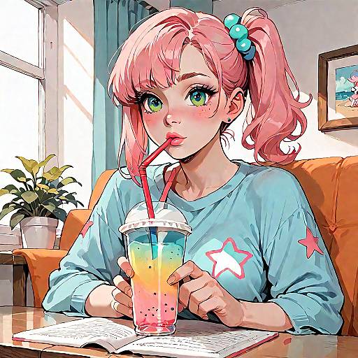 Anime Girl Drinking Bubble Tea Indoors