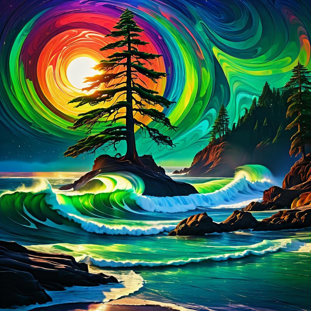 Surreal Redwood Landscape with Aurora Effects