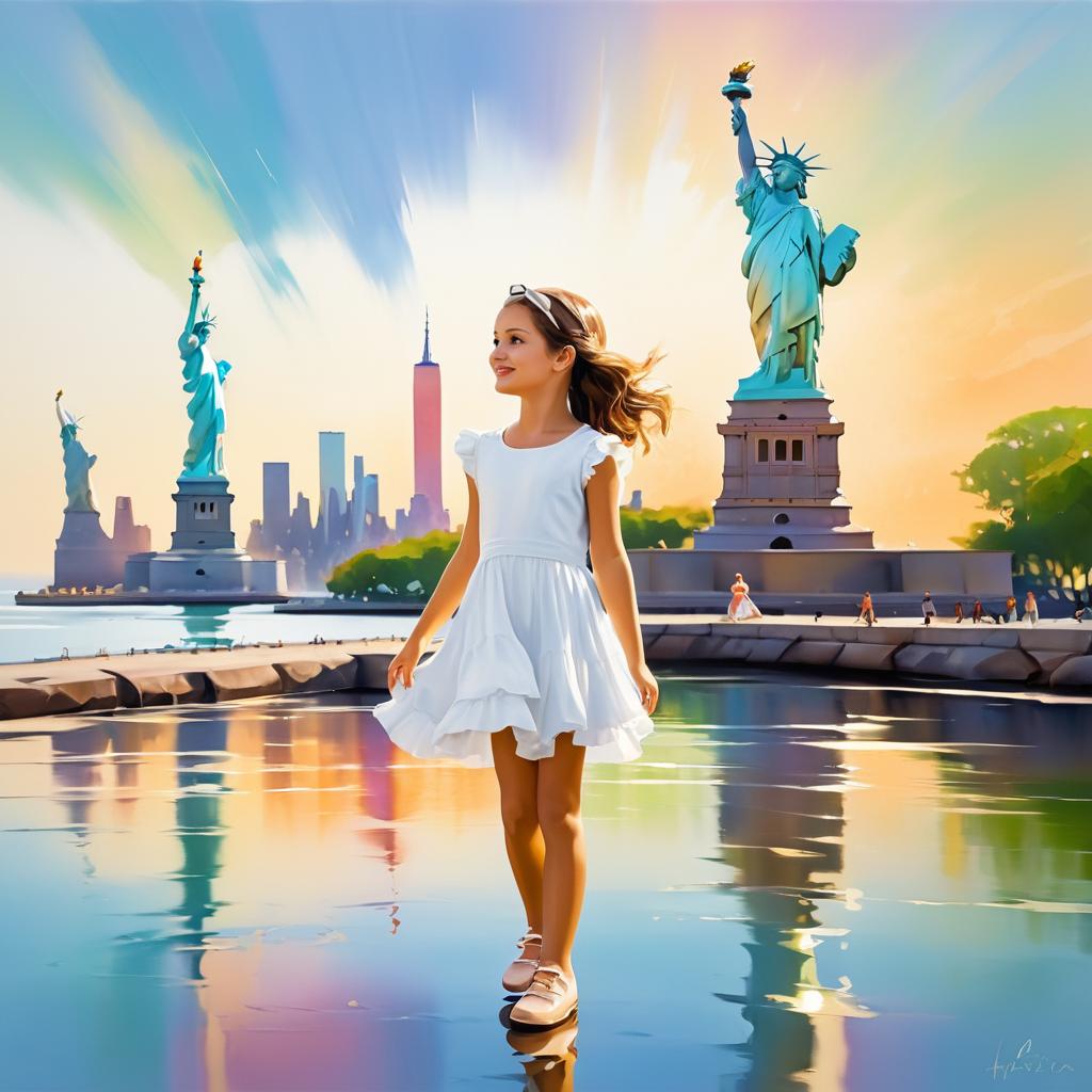 Joyful Girl in Front of Statue of Liberty