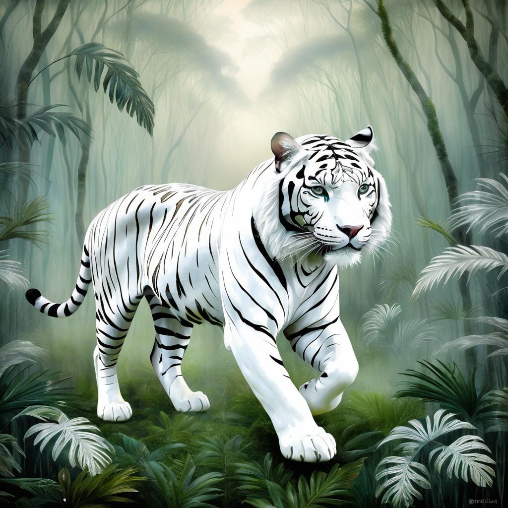 Majestic White Tiger in Misty Jungle