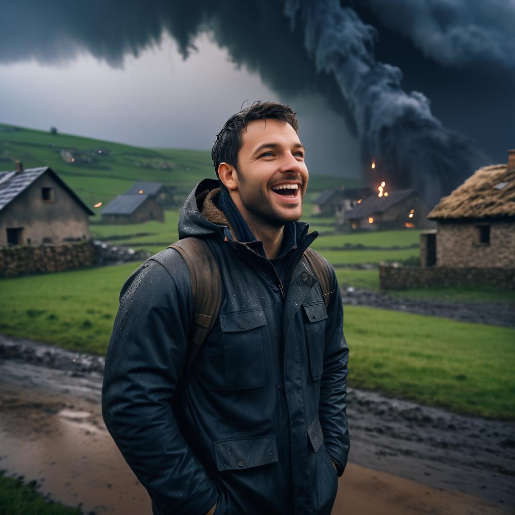 Joyful Man Amidst Stormy Village Ashes