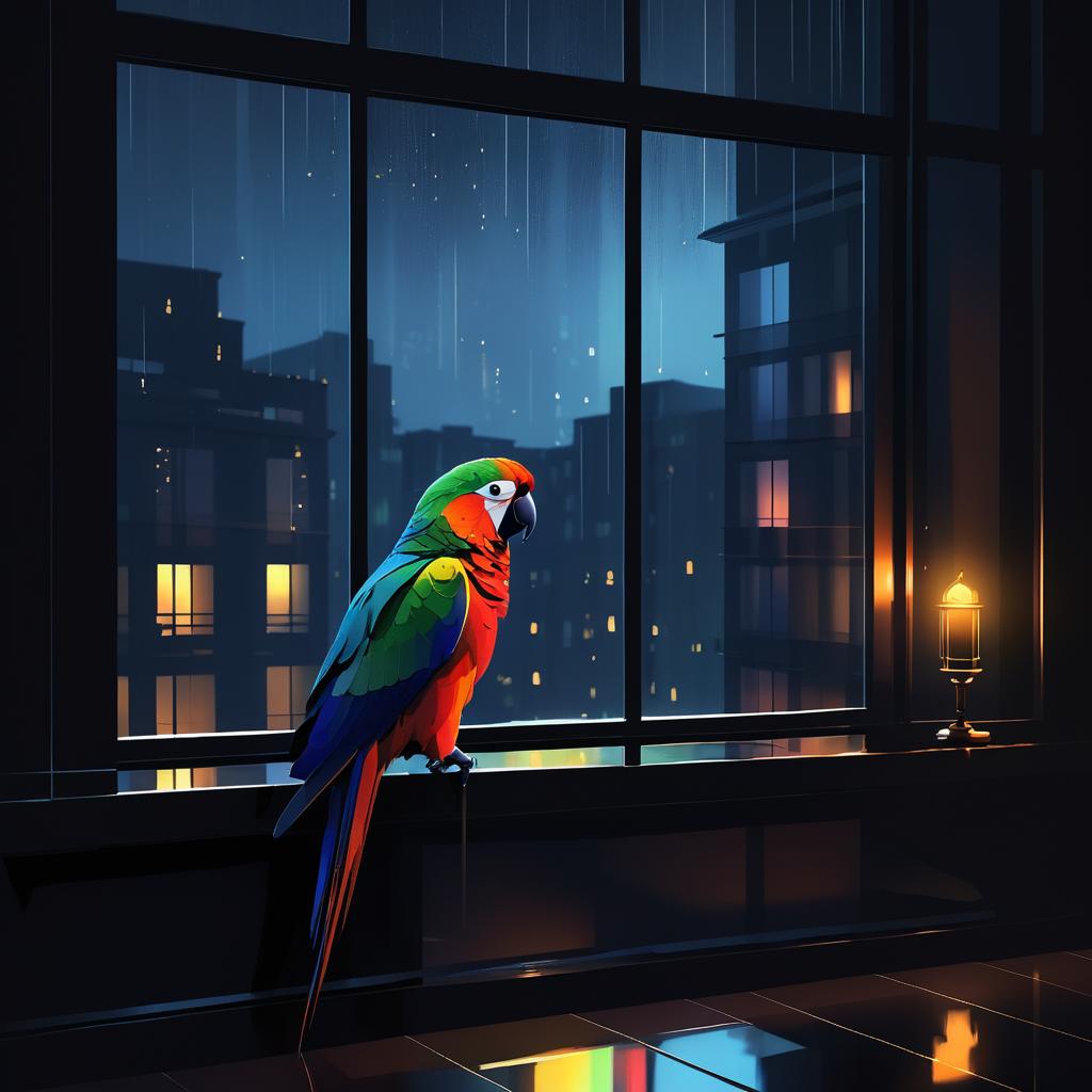 Contemplative Parrot by Rainy Window