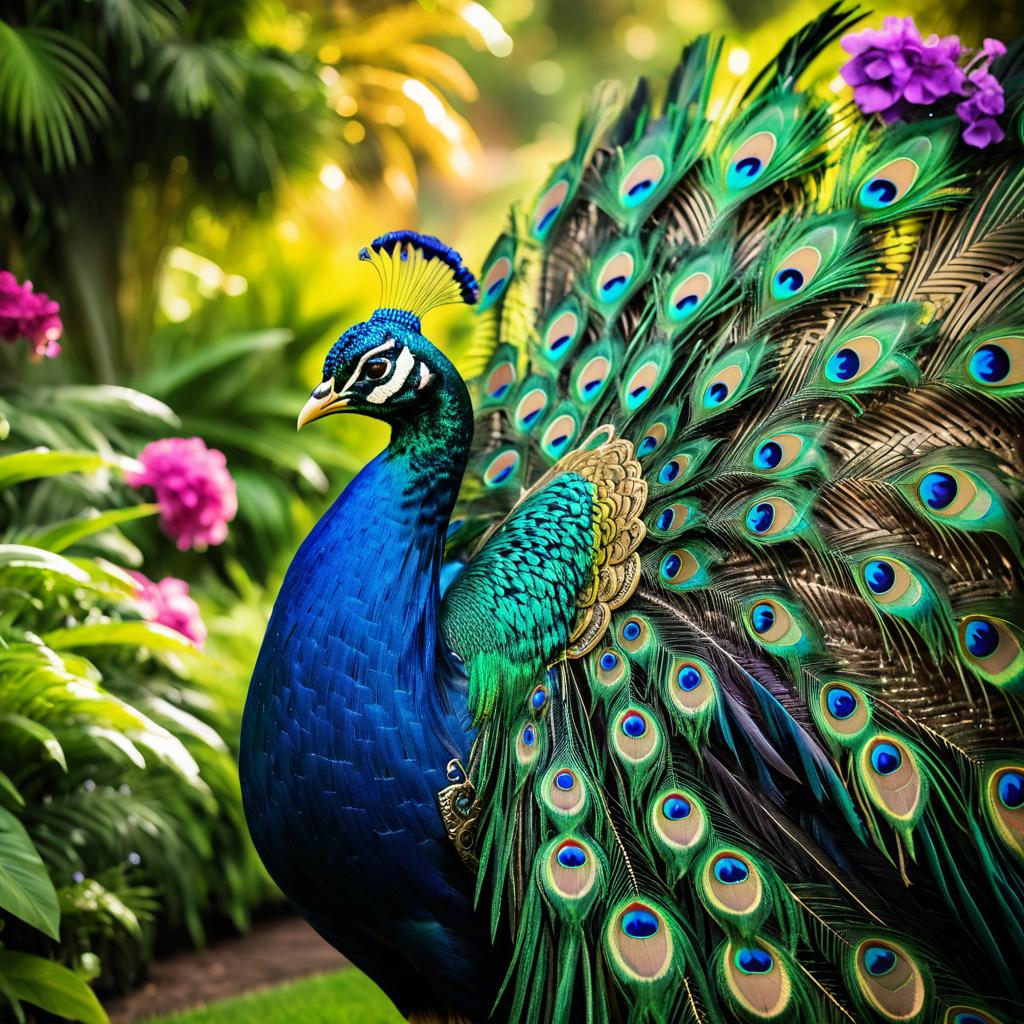 Steampunk Peacock in Lush Garden Scene