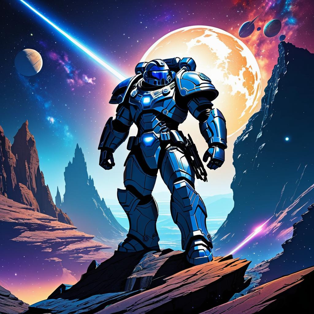 Futuristic Space Marine on Alien Cliff