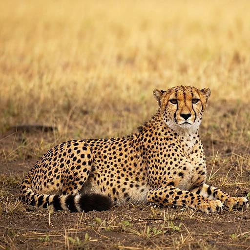 Photograph of a sleek, spotted cheetah lying on dry, grassy plains with a golden-yellow background, gazing directly at the camera.