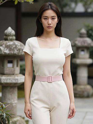 Photograph of an Asian woman with long black hair, wearing a white short-sleeve dress with a pink belt, standing in a Japanese garden with