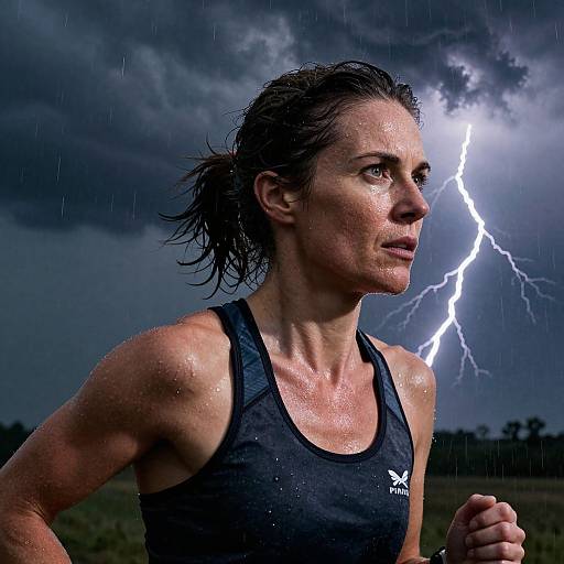 Photograph of a determined, wet, muscular woman in a black sports tank top running in a stormy night, with a bright lightning bolt behind her