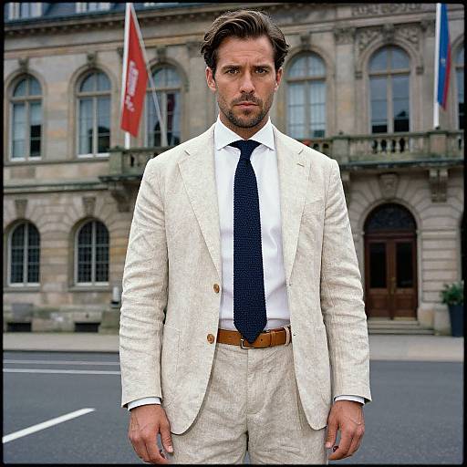 Photograph of a handsome, bearded man in a white suit, black tie, and brown belt, standing in front of a historic stone building with