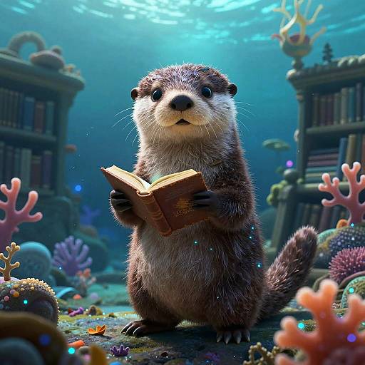 Curious Otter Alchemist in Bioluminescent Library
