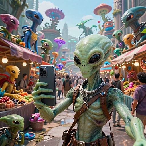 Alien Selfie at Futuristic Market