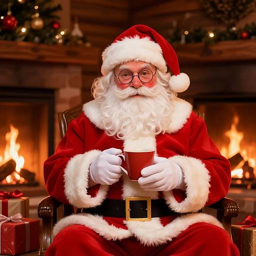 Photograph of Santa Claus in red suit, white fur trim, black belt, holding red mug, sitting by a lit fireplace with Christmas gifts.