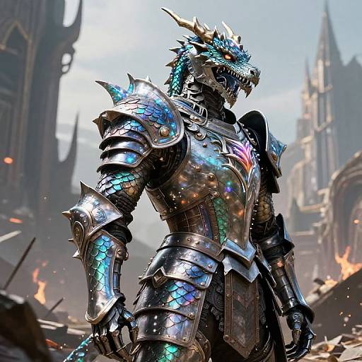 Digital art of a blue-scaled, horned dragon warrior in shimmering, reflective armor standing amidst a burning, ruined medieval cityscape.