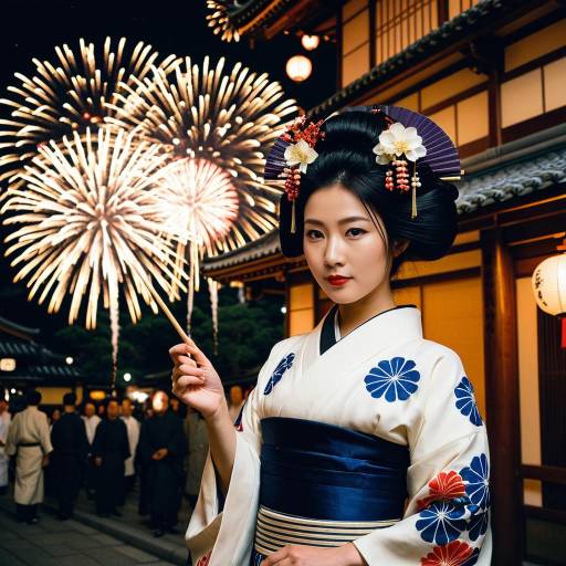 Elegant Geisha in Traditional Kaiseki Attire with Fireworks
