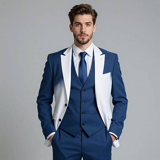 Photograph of a handsome, bearded man in a navy blue three-piece suit with white lapels, white shirt, and dark blue tie, standing