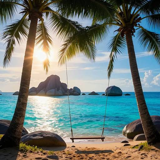 Photograph of a tropical beach with two palm trees framing a swing, sun setting over turquoise ocean, large rocks in background.