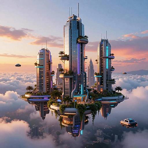Futuristic Floating City at Sunset
