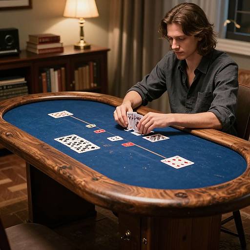 Photograph of a serious, long-haired man in a dark shirt, playing poker at a wooden table with blue felt, in a dimly lit,