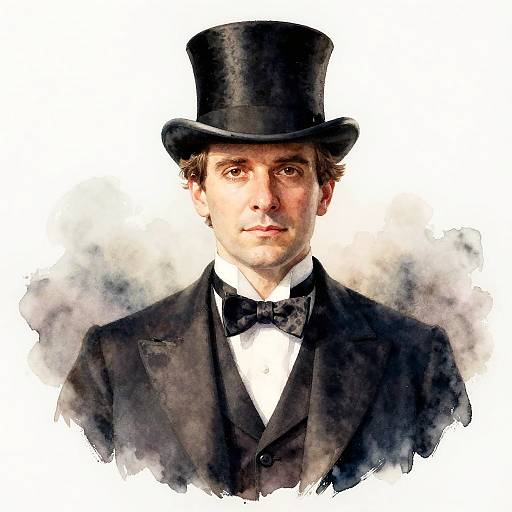 Photorealistic painting of a young white man in a black top hat, black bow tie, and black suit, with a serious expression. White and