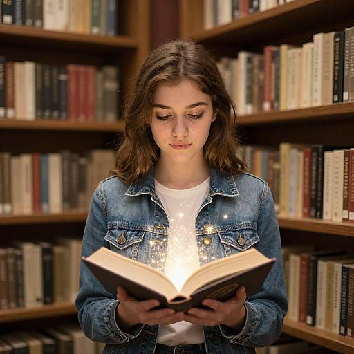 Photograph of a young woman with brown hair, wearing a denim jacket and white shirt, reading a glowing book in a library. Shelves filled with