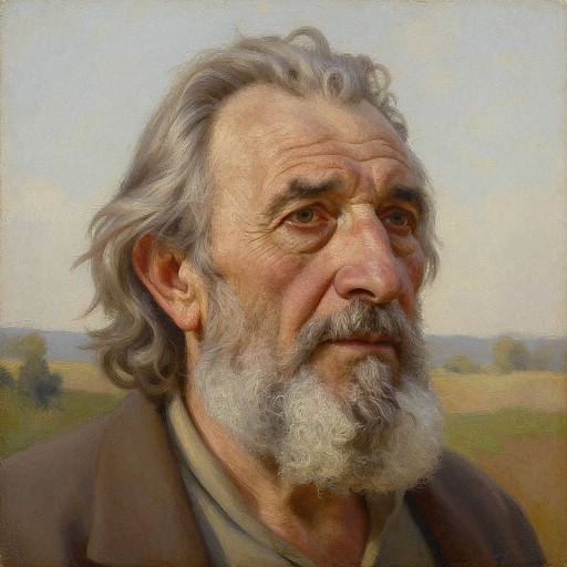 Realistic oil painting of an elderly man with gray hair and beard, wearing a brown coat, looking thoughtfully into the distance.