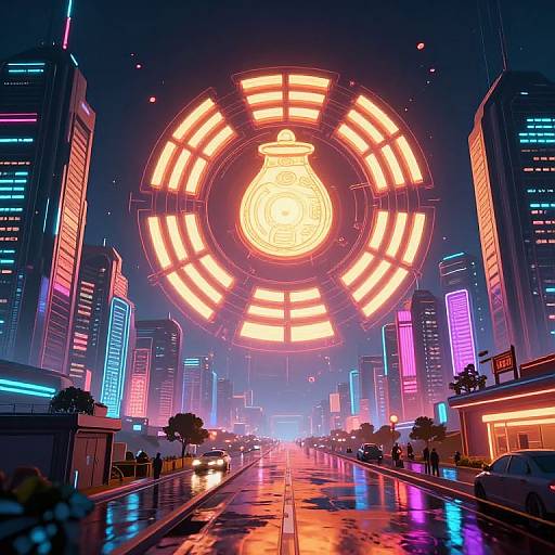 Neon-lit, cyberpunk cityscape with a giant, glowing circular sign overhead, reflecting on wet streets. Vibrant, futuristic skyscrapers
