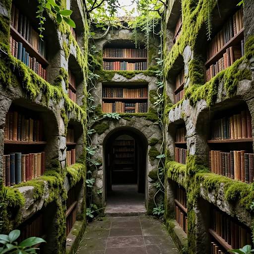 Photograph of a moss-covered, stone library corridor with arched bookshelves, vines, and sunlight filtering through greenery, leading to a dark
