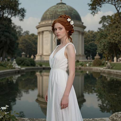 Photograph of a red-haired woman in a white, sleeveless dress with a white flower in her hair, standing by a reflective pond in front of