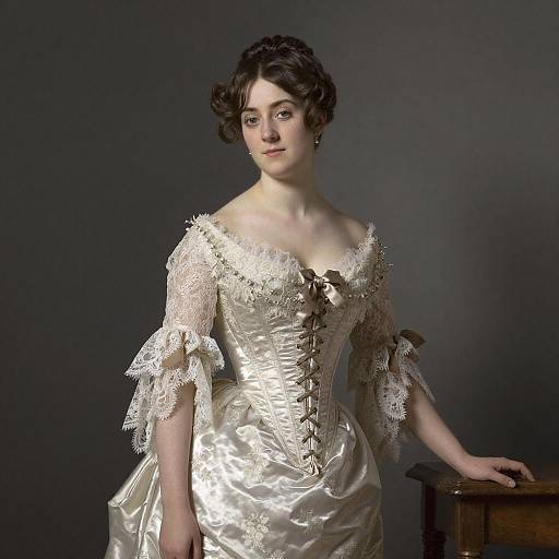 Photograph of a pale-skinned woman with dark curly hair, wearing an elegant, off-the-shoulder, cream satin and lace Victorian-style gown