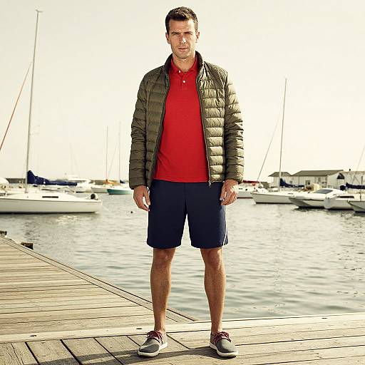 Photograph of a young man with short brown hair, wearing a red polo, navy shorts, green puffer jacket, and brown sneakers, standing on