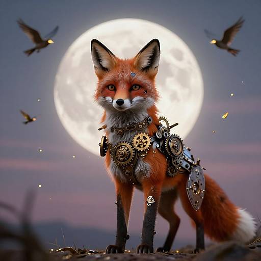 Digital artwork of a steampunk fox with gears and clockwork mechanisms, standing before a full moon, surrounded by flying birds.