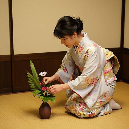 Japanese woman in floral kimono kneels on tatami mat, arranging flowers in brown vase, traditional wooden wall background. Photograph.