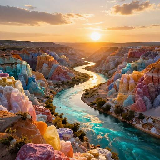 Photograph of a vibrant, multicolored canyon at sunset with a winding, turquoise river, colorful rock formations, and a glowing sunset sky.
