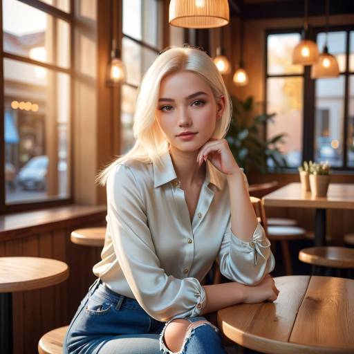 Cozy Cafe Scene with Platinum Blonde Woman