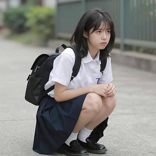 Concerned Asian Student on Concrete Path