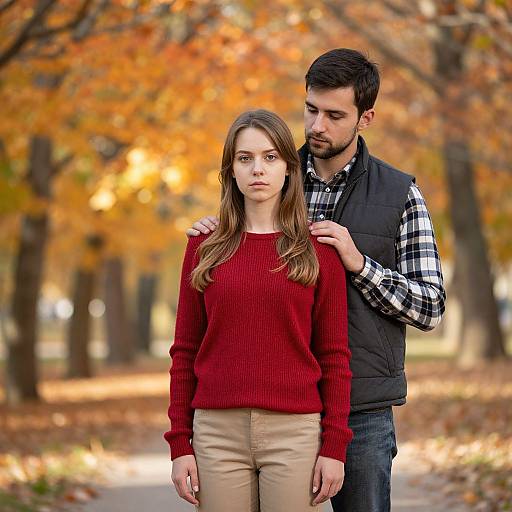 Photograph of a serious young woman in a red sweater, standing in an autumn park, with a protective man in a plaid shirt and black vest