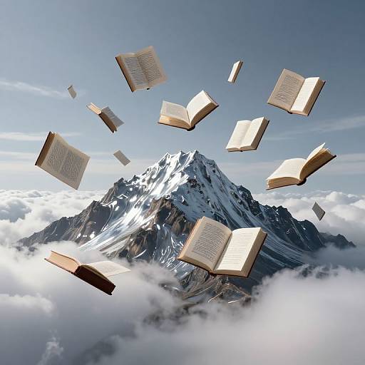 Photograph of open books floating in mid-air above a snow-capped mountain peak, surrounded by clouds under a clear blue sky.