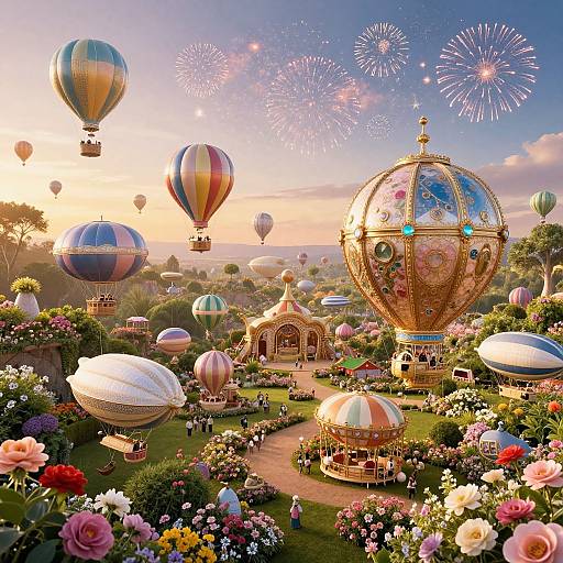 Whimsical fantasy scene: colorful hot air balloons, ornate golden gondola, fireworks, lush garden, vibrant flowers, sunset, and festive