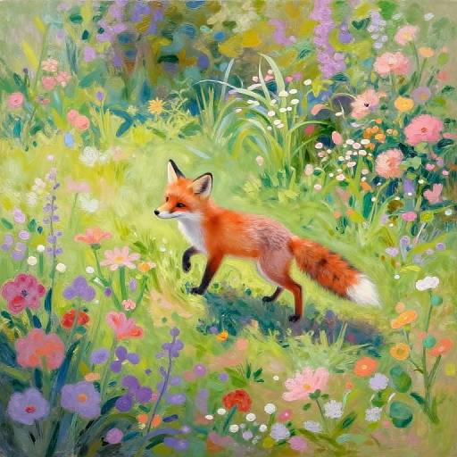 Vibrant digital painting of a red fox with a white-tipped tail, standing amidst a colorful, lush garden filled with blooming flowers.