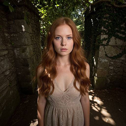 Photograph of a young red-haired woman with fair skin, wearing a lace, deep V-neck dress, standing in a sunlit, stone ruin with