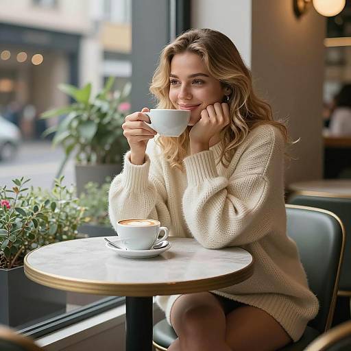 Cheerful Woman Enjoying Cappuccino at Café
