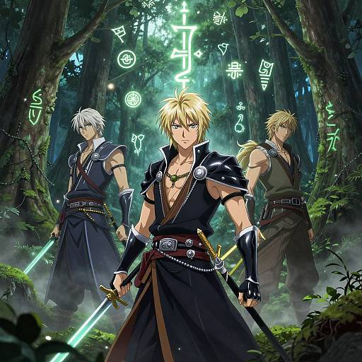 Digital anime artwork of three blond-haired, muscular men in dark clothing with swords, standing in a glowing forest, surrounded by mystical symbols.