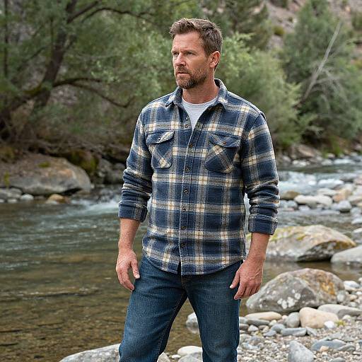 Photograph of a bearded, middle-aged man with short brown hair in a blue and white plaid shirt and blue jeans, standing by a rocky