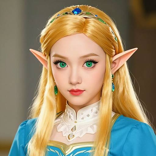 Digital portrait of a blonde elf woman with green eyes, pointed ears, blue dress, white collar, green earrings, and blue gem tiara.
