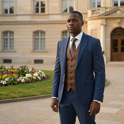 Photograph of a handsome Black man in a navy blue suit, brown three-piece vest, white shirt, and patterned tie, standing in front of