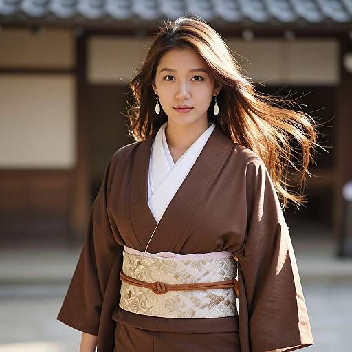Photograph of an Asian woman with long brown hair, wearing a brown kimono with white inner layer and white patterned obi, standing in front