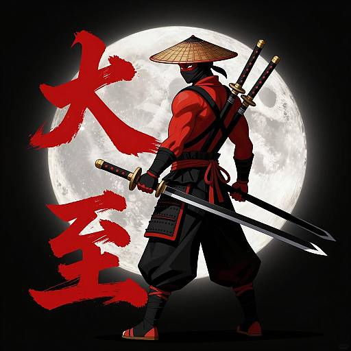 Red Ninja with Swords Against Full Moon