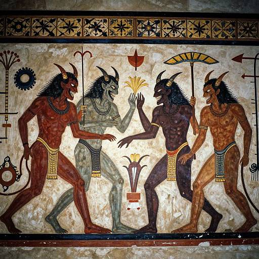 Ancient Egyptian mural of four muscular, horned, dark-skinned male figures in loincloths, adorned with jewelry, interacting around a central