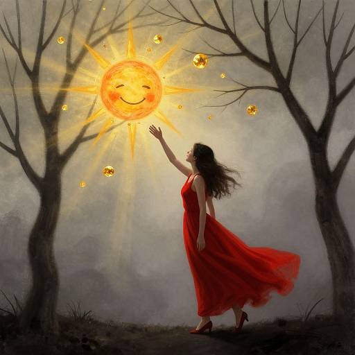 A woman in a flowing red dress reaches towards a smiling, sun-like orb with glowing stars, surrounded by bare trees in a misty, gray forest