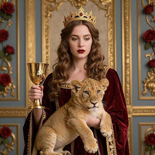 Photograph of a fair-skinned woman with long brown hair, wearing a gold crown and red velvet robe, holding a golden chalice and a lion