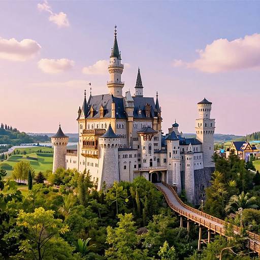 Photograph of a grand, medieval-style castle with multiple towers, surrounded by lush green trees and connected by a wooden bridge, under a bright blue sky